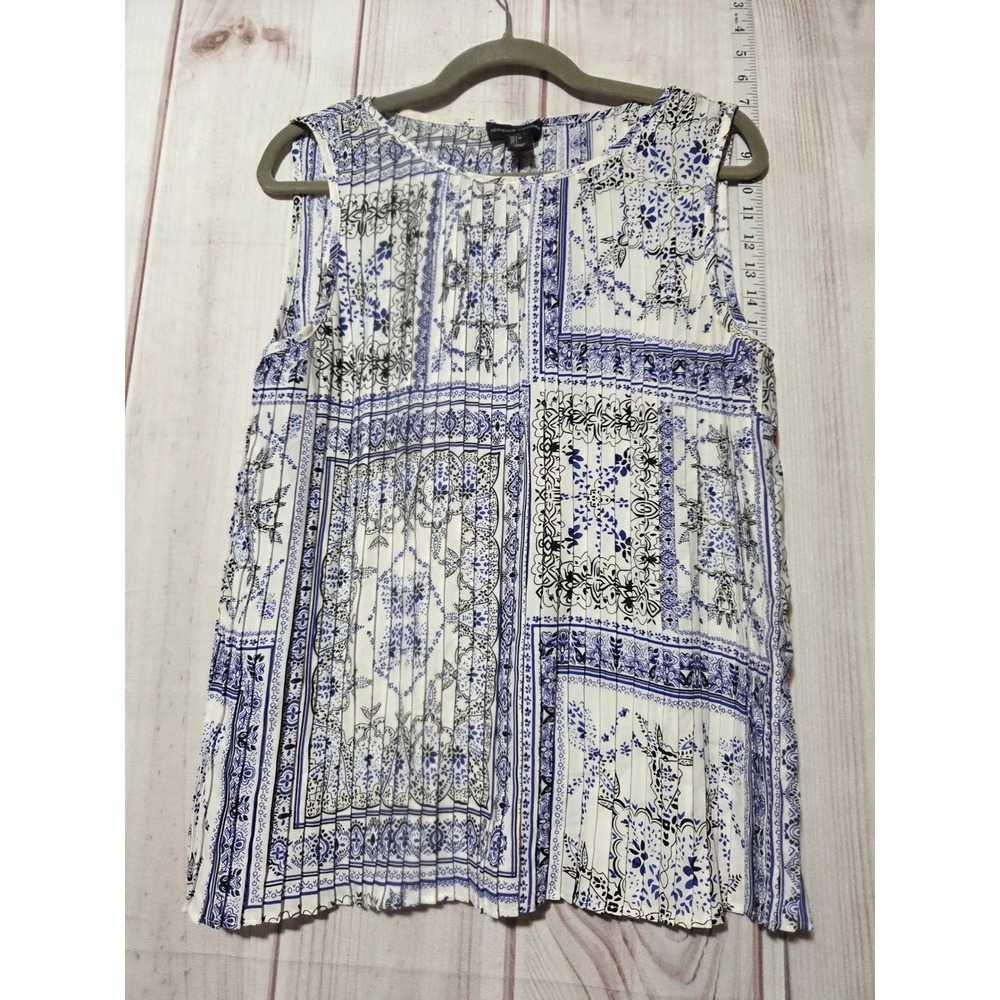 Adrienne Vittadini Womens Blue White Tile Print Pleated Sleeveless Top L